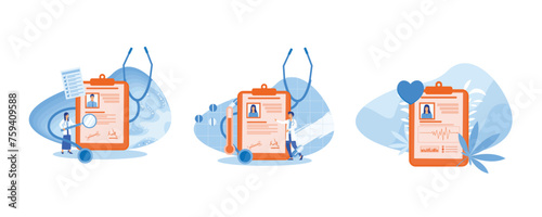 Medical history and health record paper for hospital doctor tiny person concept. E-health system for data and information collection. Concept of medical record. Set flat vector modern illustration