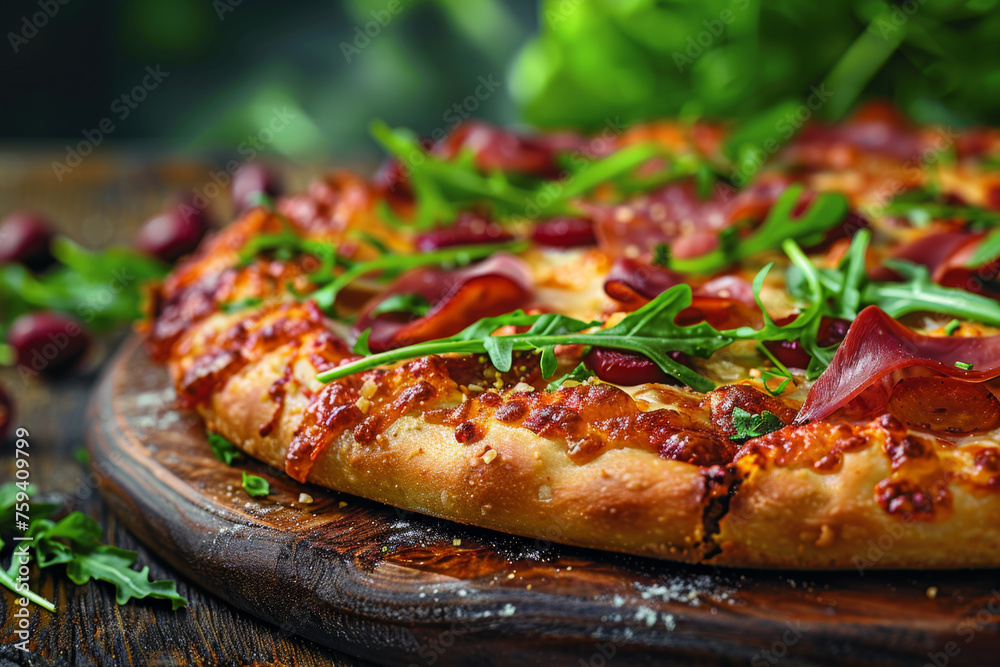 Gourmet Prosciutto Arugula Pizza on Wooden Tray Close-Up Gen AI Gourmet Prosciutto Arugula Pizza on Wooden Tray Close-Up Gen AI