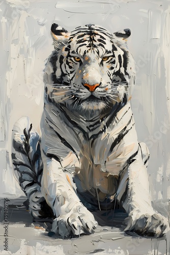 Classic animal wall art oil painting style with white tiger on a smooth surface, set against a minimalist white and grey background 