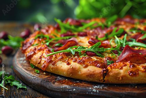 Gourmet Prosciutto Arugula Pizza on Wooden Tray Close-Up Gen AI
