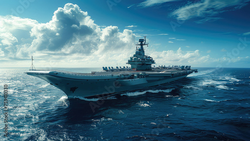 Aircraft carrier cruising on ocean - Majestic view of a large aircraft carrier navigating through the ocean with a dramatic sky above accentuating its formidable presence