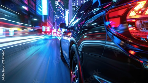 Blurred motion of a car cruising in a city at night - An image portraying the swift movement of a sleek car traveling through the city streets at night surrounded by the blur of city lights