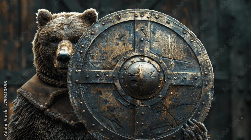 A bear holding a shield in front of a cracked financial chart, set against a backdrop of dark clouds, symbolizes defense against market losses.