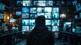 Hooded Figure Monitoring Multiple Surveillance Screens - A mysterious hooded figure stands before a wall of surveillance monitors in a dark control room, displaying numerous camera feeds
