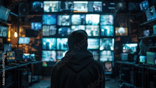 Hooded Figure Monitoring Multiple Surveillance Screens - A mysterious hooded figure stands before a wall of surveillance monitors in a dark control room, displaying numerous camera feeds