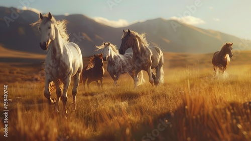 Wild horses running in golden hour light - Majestic wild horses running freely in a field with warm golden hour lighting and mountains in the background