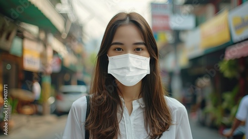 Woman wearing a protective face mask - Portrait of a young woman wearing a surgical mask on a street, symbolizing health precautions