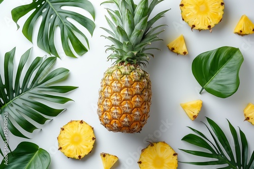 Whole pineapple with cross-sections and tropical foliage on a bright surface, highlighting freshness and natural, Concept of healthy eating, tropical flavor, and summer refreshment photo