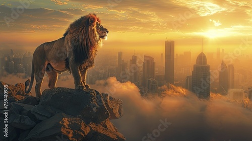 A lion's bold stance on a cliff symbolizes unwavering business leadership amidst skyscrapers under a golden sunrise. photo