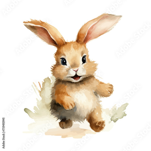 Cute rabbit cartoon walking in watercolor painting style © Fauziah