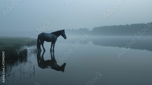 Early morning by the tranquil lake, a solitary horse ponders the upcoming challenge, embodying thoughtful deliberation in choices.