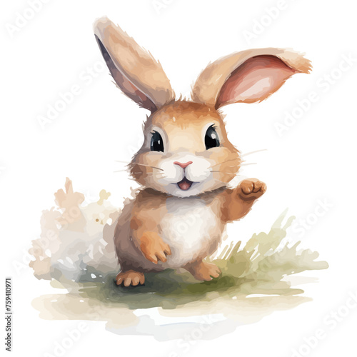 Cute rabbit cartoon walking in watercolor painting style © Fauziah