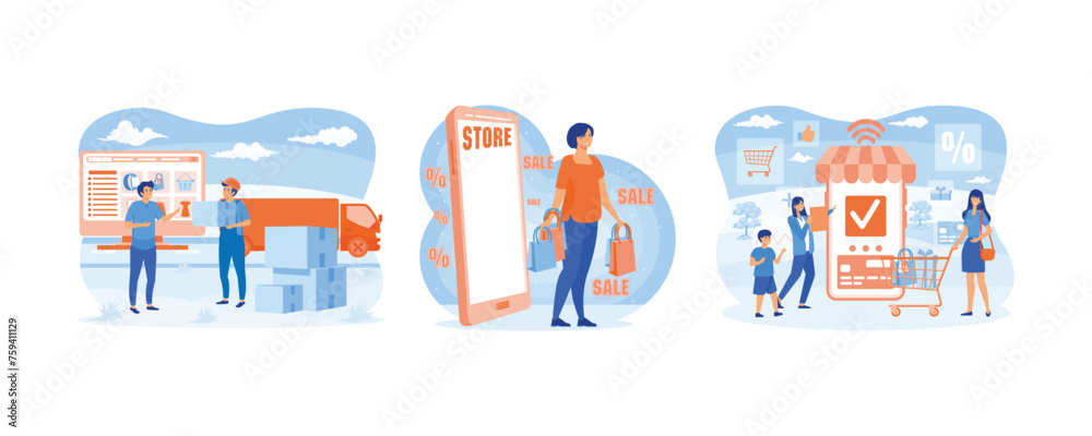 Online Shopping and Delivery of Purchases. Big seasonal sale and discount at store, shop, mall. Happy family doing grocery shopping online with a mobile app. Set flat vector modern illustration