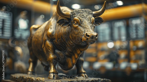 An elegant sculpture of a bull in a contemporary office environment  encircled by screens displaying stock market gains  symbolizing achievement and assurance.