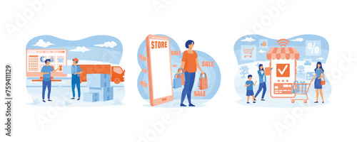 Online Shopping and Delivery of Purchases. Big seasonal sale and discount at store, shop, mall. Happy family doing grocery shopping online with a mobile app. Set flat vector modern illustration