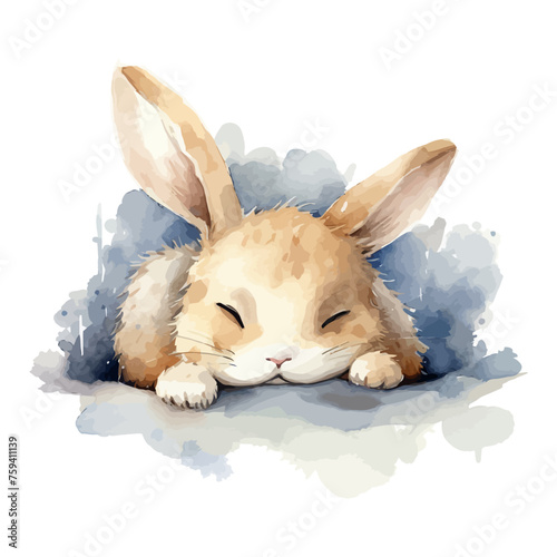 Cute rabbit cartoon sleeping in watercolor painting style © Fauziah