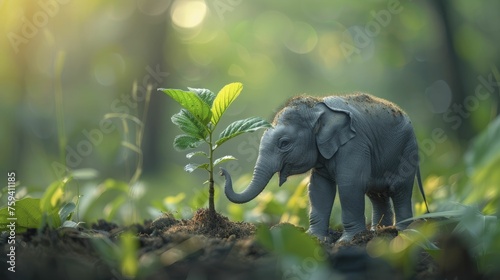 Elephant shows sustainable growth by holding sapling in lush green field, emphasizing environmental responsibility in business.