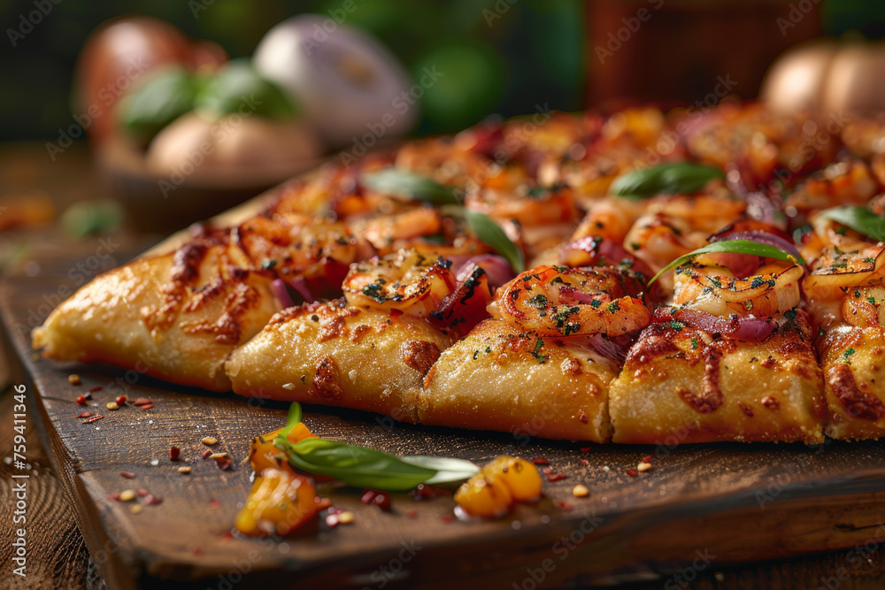 Gourmet Shrimp Scampi Pizza on Wooden Tray Close-Up Gen AI Gourmet Shrimp Scampi Pizza on Wooden Tray Close-Up Gen AI