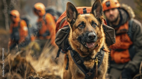 German shepherd with a rescue team, searching through difficult terrain, embodying bravery and dependability in emergency response services. photo