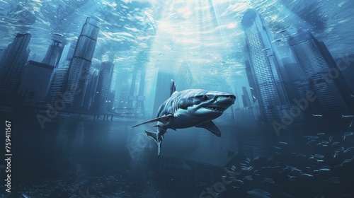 Shark's precision in deep blue waters against corporate skyscrapers symbolizes dominance and efficiency in business.