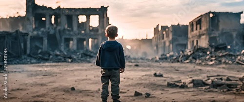 a shabby and dirty child is standing still facing back in the ruins of a war-torn city, some of the buildings still burning and smoking, in the evening at sunset photo