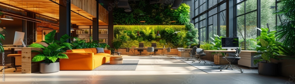 A serene office lounge designed for mindfulness and relaxation, with employees practicing yoga and meditation during a wellness break, surrounded by ambient lighting and calming greenery