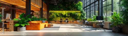 A serene office lounge designed for mindfulness and relaxation  with employees practicing yoga and meditation during a wellness break  surrounded by ambient lighting and calming greenery