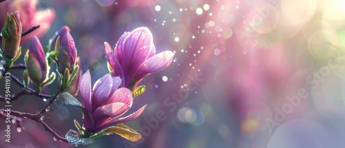 A spring pink and purple magnolia blossom flower branch, magnolia tree blossoms in springtime. tender pink flowers bathing in sunlight. warm april weather There are dew drops in the morning. © ND STOCK