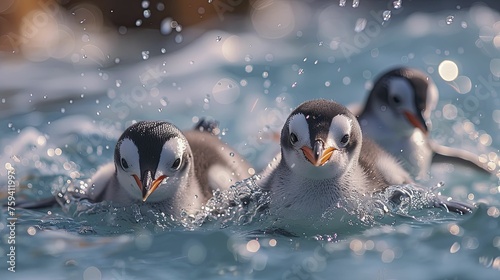 Penguin family teaching their chick to swim  against the backdrop of an ocean filled with obstacles  illustrating learning and development in personal and professional growth.
