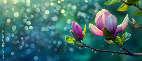 A spring pink and purple magnolia blossom flower branch  magnolia tree blossoms in springtime. tender pink flowers bathing in sunlight. warm april weather There are dew drops in the morning.