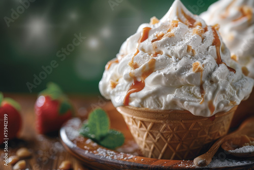 High-Quality Macro Close-Up of Soft Serve Ice Cream on Wooden Tray Gen AI photo