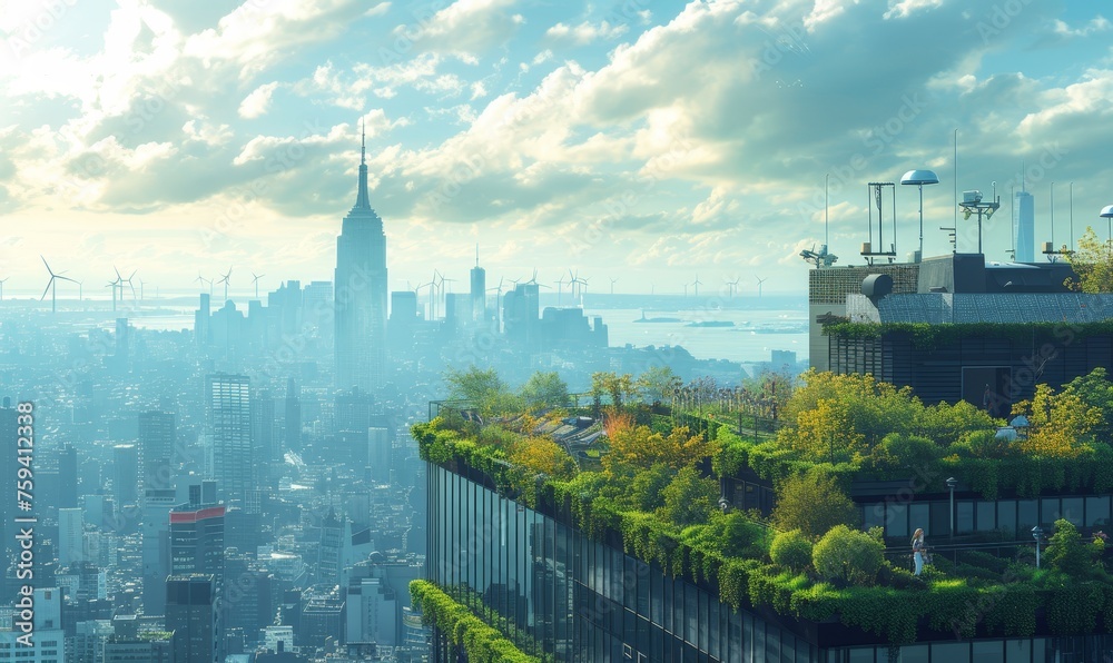 Obraz premium A panoramic view of a green rooftop garden atop a sustainable corporate building, with employees engaging in a team meeting outdoors, surrounded by solar panels