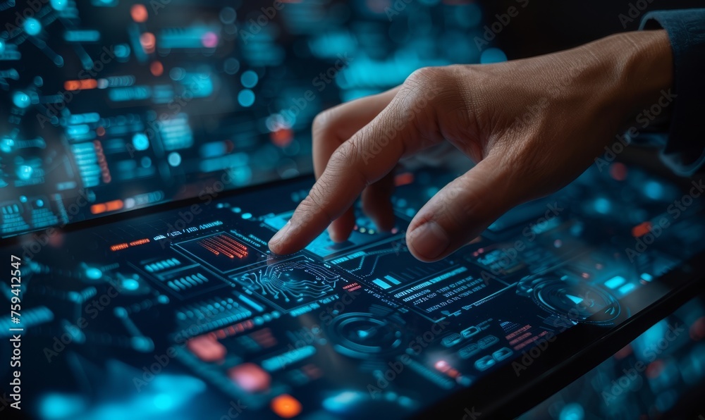 close up A network security analyst examining a digital tablet that visualizes a secure firewall around virtual data, representing the cutting-edge technologies used in defending against cyber attacks
