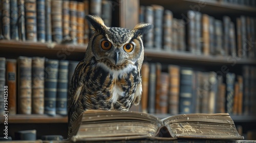 Wise owl in a classic library setting, surrounded by towering bookshelves, symbolizing the depth of knowledge and learning.