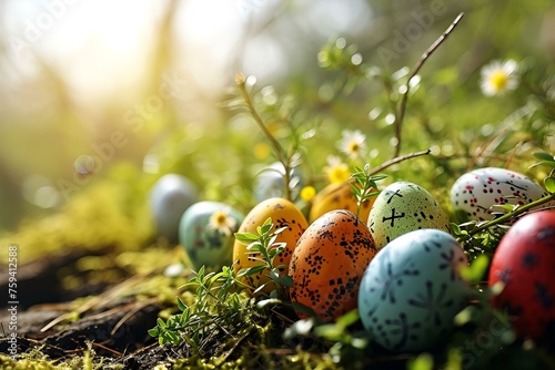 Colorful Easter eggs laying in grass among spring flowers. 