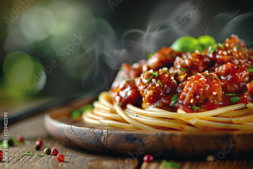 Delicious Spaghetti with Meat Sauce on Wooden Tray Gen AI photo