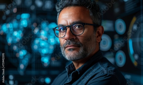 A portrait of a visionary tech entrepreneur standing in front of an AI-driven data visualization wall, showcasing real-time analytics and machine learning models
