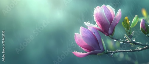 A spring pink and purple magnolia blossom flower branch  magnolia tree blossoms in springtime. tender pink flowers bathing in sunlight. warm april weather There are dew drops in the morning.