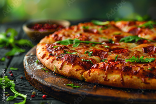 Close-up of Spicy Italian Pizza on Wooden Tray Gen AI