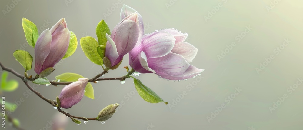 Fototapeta premium A spring pink and purple magnolia blossom flower branch, magnolia tree blossoms in springtime. tender pink flowers bathing in sunlight. warm april weather There are dew drops in the morning.