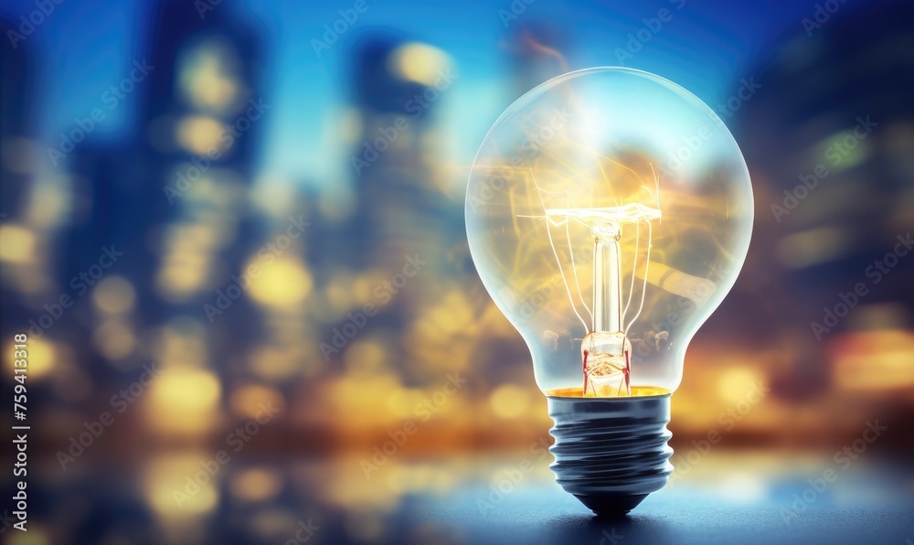 light bulb, city buildings background, innovation and idea concept light bulb, city buildings background, innovation and idea concept