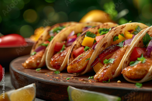 Delicious Macro Taco on Wooden Tray with Cinematic Green Background Gen AI photo