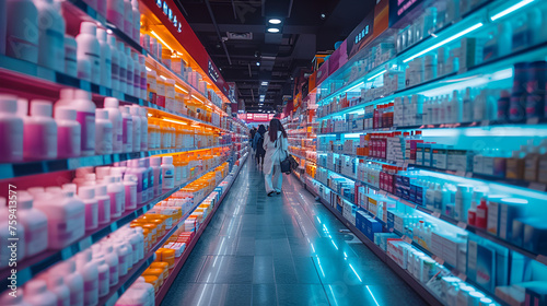 Pharmacy isle - people shopping - low angle shot - medicine and medical supplies - retail - stylish - fluorescent lighting 