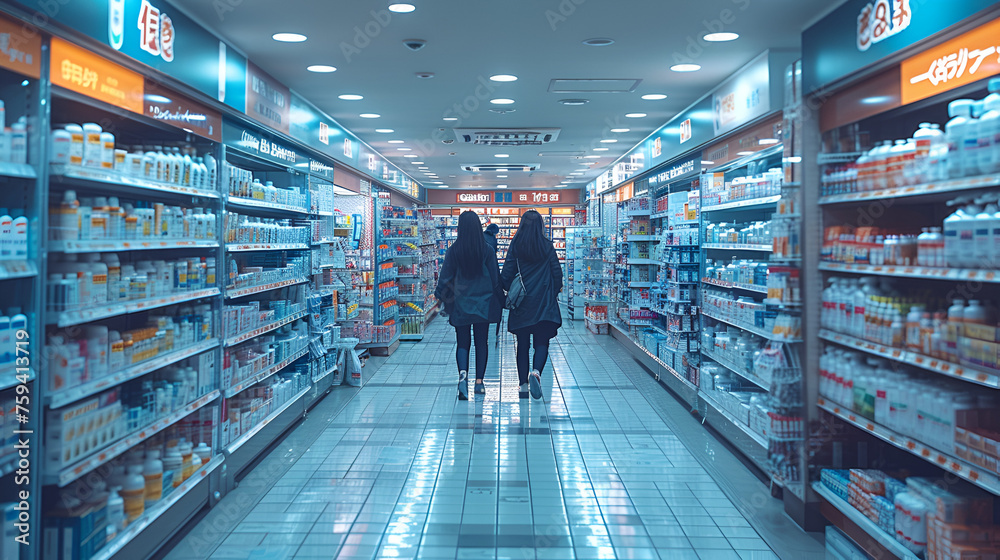 Pharmacy isle - people shopping - low angle shot - medicine and medical supplies - retail - stylish - fluorescent lighting 