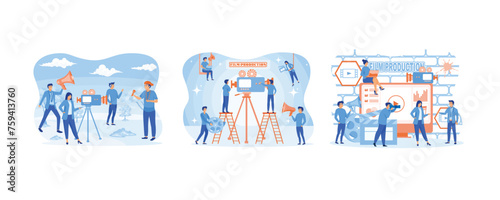Film Production concept. Making movie, video production landing page template. Filmmaking online course can use for, landing page. Set flat vector modern illustration