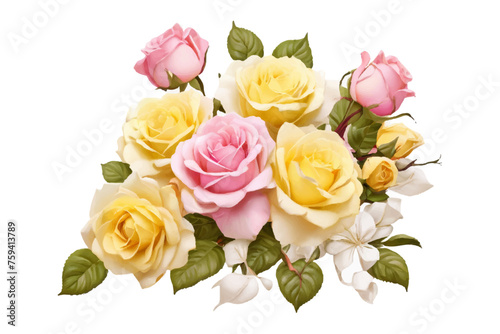 AI generated watercolor bouquet. watercolor flowers and leaves illustration for wedding, greetings, stationary, wallpapers, fashion, background. rose, blossom, olive, green leaves, Eucalyptus etc