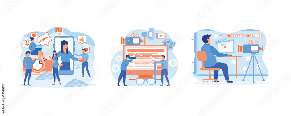 Blogging concept. Blogger concept, video shooting. Man video blogger with copy space. Set flat vector modern illustration