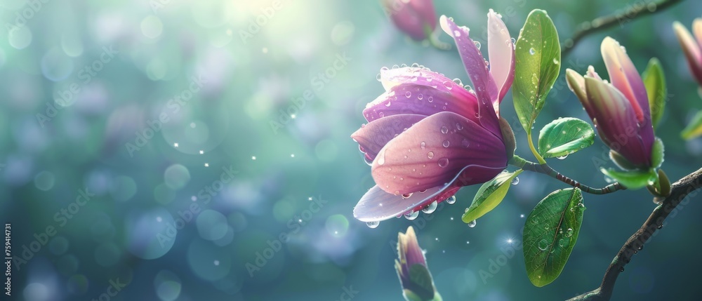 A spring pink and purple magnolia blossom flower branch, magnolia tree blossoms in springtime. tender pink flowers bathing in sunlight. warm april weather There are dew drops in the morning. - obrazy, fototapety, plakaty 