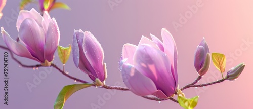 A spring pink and purple magnolia blossom flower branch  magnolia tree blossoms in springtime. tender pink flowers bathing in sunlight. warm april weather There are dew drops in the morning.