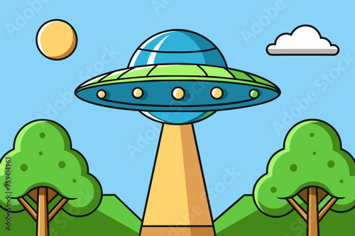 Unidentified flying object hovers in front of a verdant tree canopy.